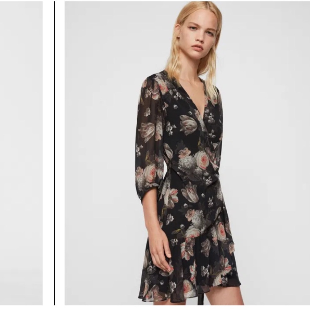 ALL SAINTS Jade Eden floral wrap mini dress size medium black long sleeve
